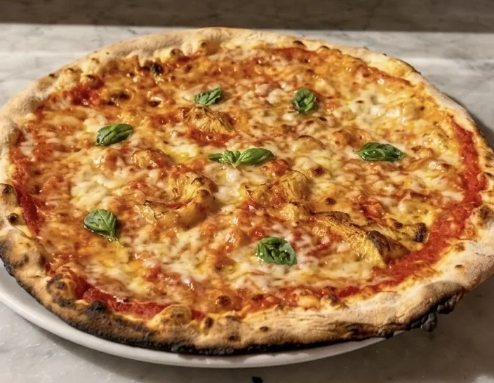 Pizza cotta nel forno a legna con carciofi, mozzarella e basilico fresco