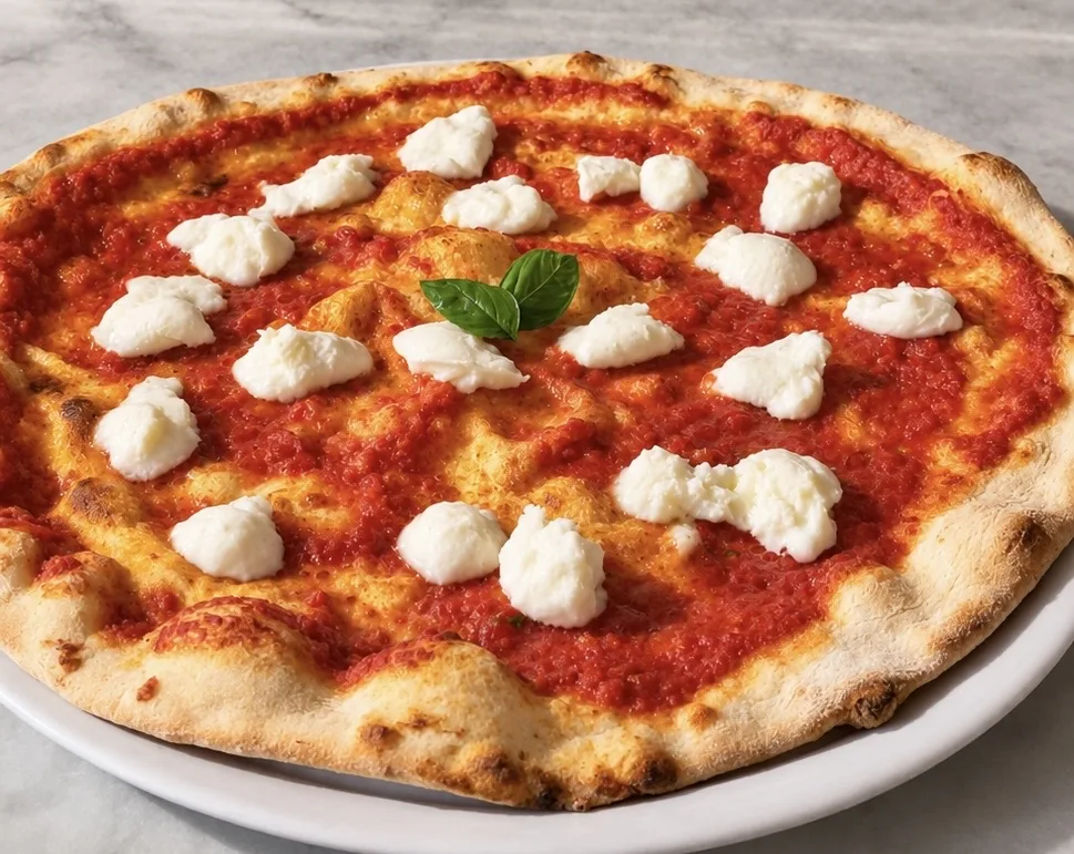 Pizza margherita con mozzarella di bufala e basilico fresco appena sfornata