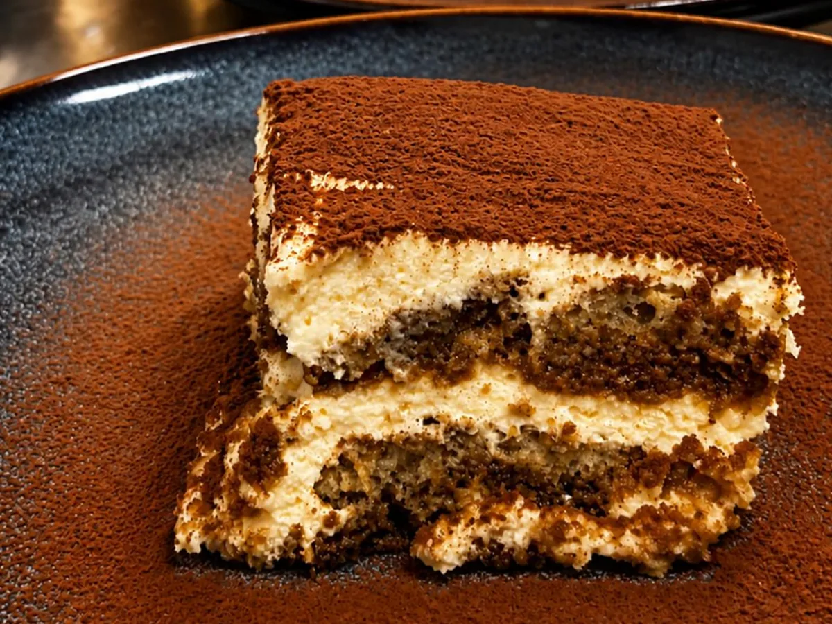 Dolce: tiramisù servito su piatto scuro con il cacao amaro in superficie