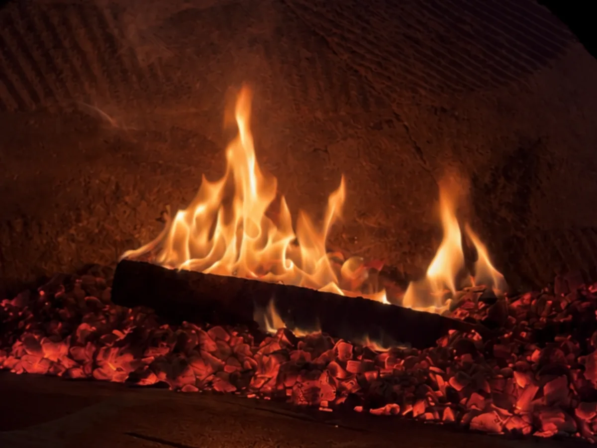 Forno a legna del ristorante con le fiamme alte sulla brace ardente
